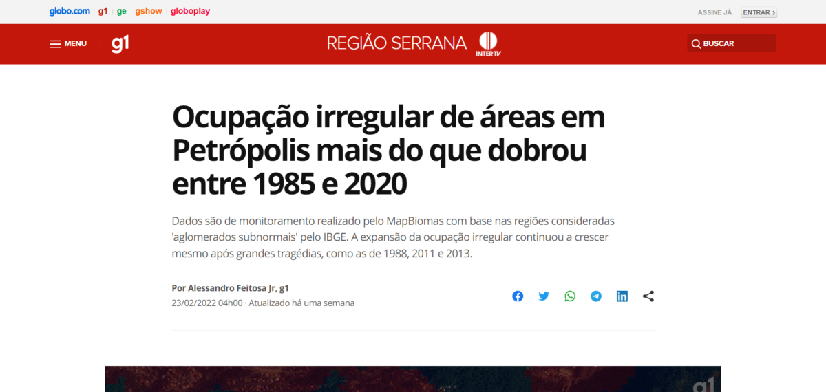 Reportagem do G1 constata crescimento da ocupação irregular em Petrópolis ao longo dos anos